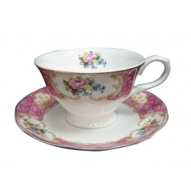 y12508 餐茶玻璃-咖啡茶具-花團錦簇骨瓷六杯盤組附金架