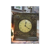 銅製方型菊花造型桌鐘 y10057 時鐘.溫度計.鏡子 桌鐘