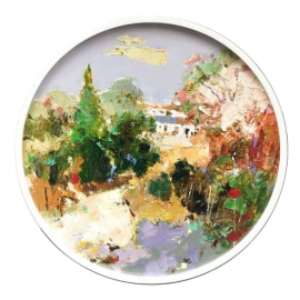 y15955-油畫-油畫風景系列-圓形造型框風景油畫(一)