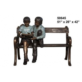 銅雕系列-銅雕大型擺飾-姐弟看書椅 y14143  立體雕塑.擺飾 人物立體擺飾系列-西式人物系列