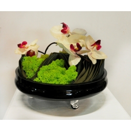 圓黑玻璃造型花藝設計 (y14559花藝設計- 玄關桌.電視櫃盆花) 