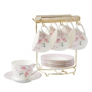  y16049 餐具器皿 咖啡茶具-艾莉絲骨瓷咖啡六杯盤組附金架