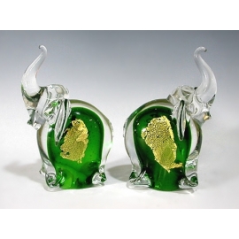玻璃水晶 綠色金箔象(一對)  y12767 水晶飾品系列