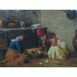 小孩與雞-y01090-油畫人物