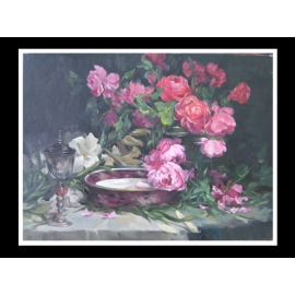 y03641 油畫花系列-名家畫作-謝美玲-玫瑰靜物-已售