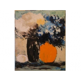 y10176-油畫-油畫花系列-名家畫作-謝美玲-咖啡橘瓶大花