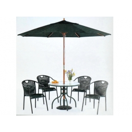 y11609 戶外休閒傢俱-102cm圓桌(半鋁)+9尺木傘+藤椅4張+8kg玫瑰傘座